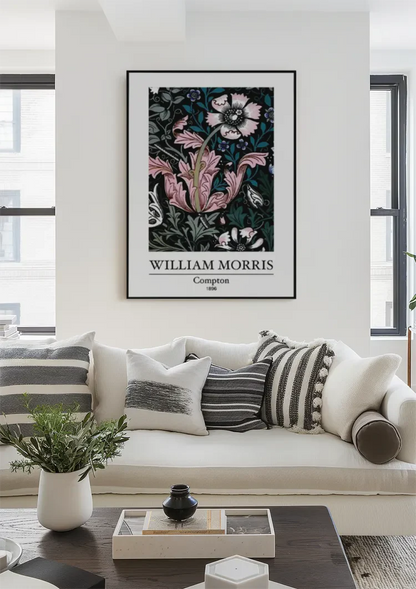 William Morris Compton Pink Flowers Dark Background Painting