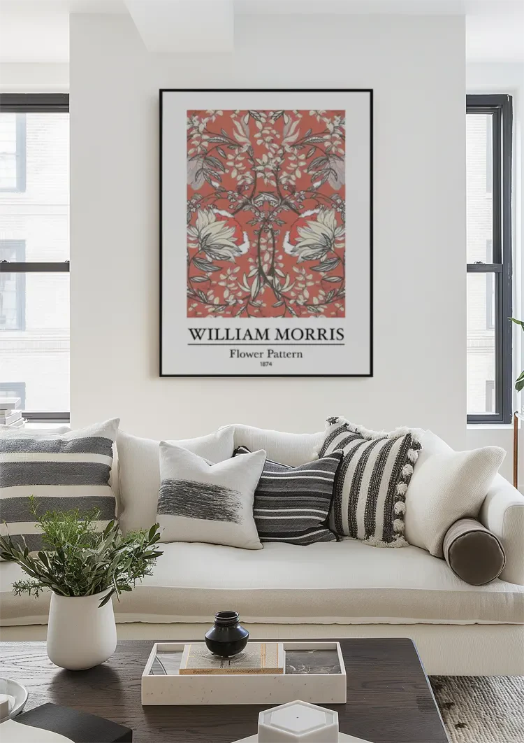William Morris Blumenmuster, weiße Blumen auf rotem Gemälde