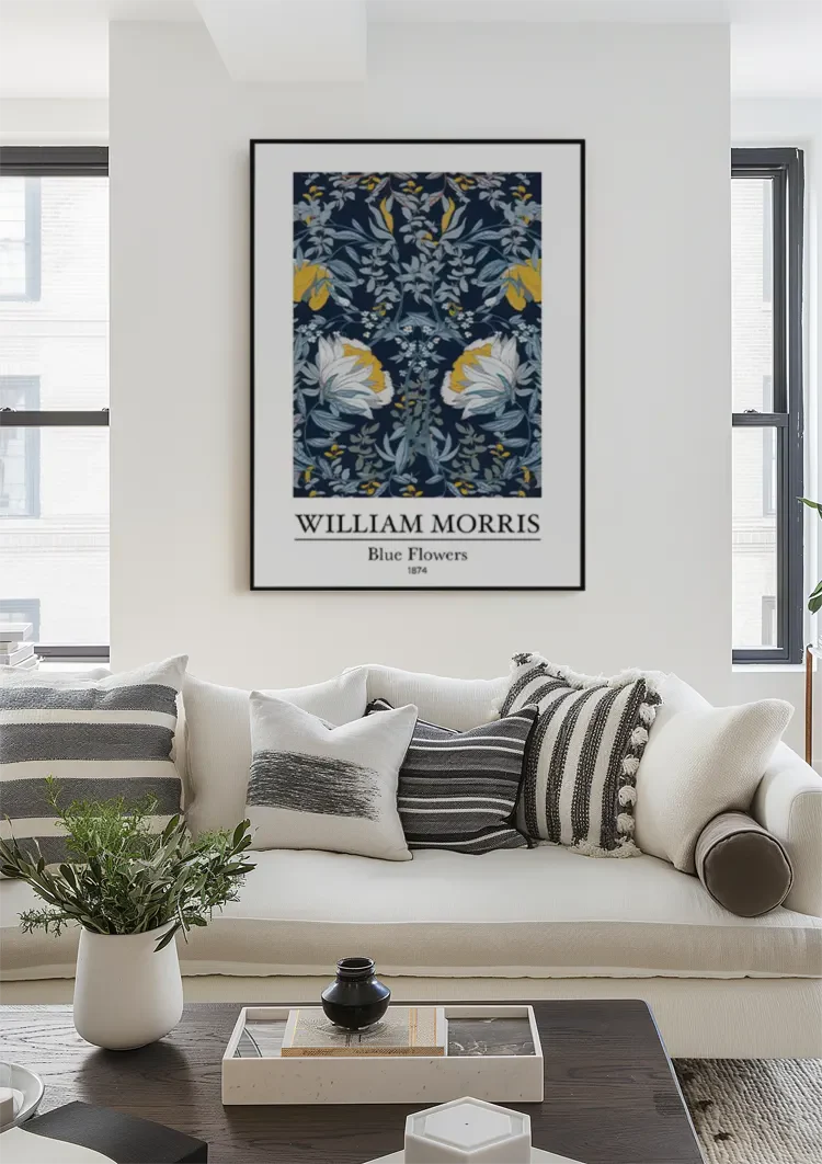 William Morris Blaue Blumen Weiße Gelbe Blumen Dunkelblaues Gemälde