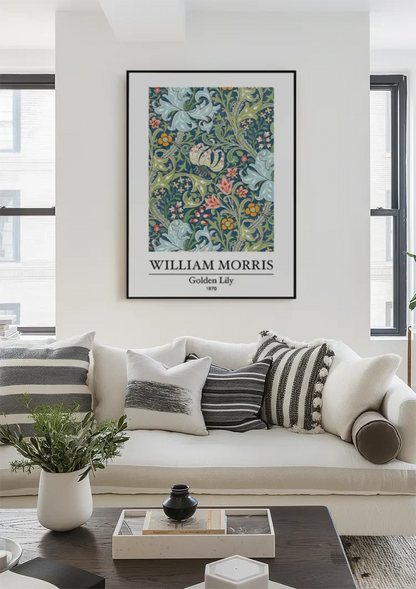 William Morris Golden Lily Blue-Green Colorful Botanical Painting