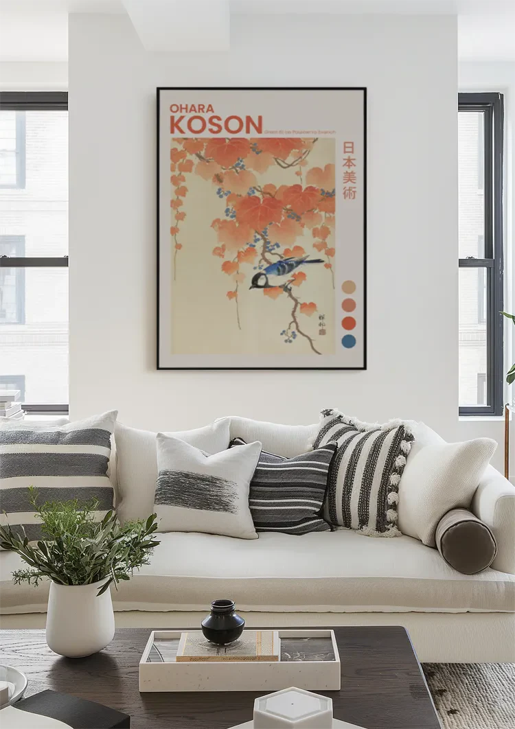 Japanese Tit on Paulownia Branch Orange Autumn Leaves Painting