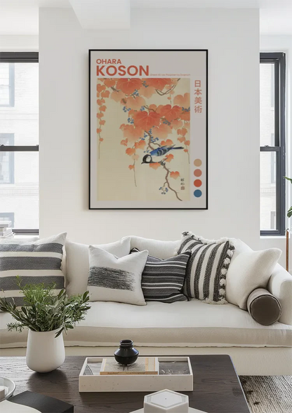 Japanese Tit on Paulownia Branch Orange Autumn Leaves Painting