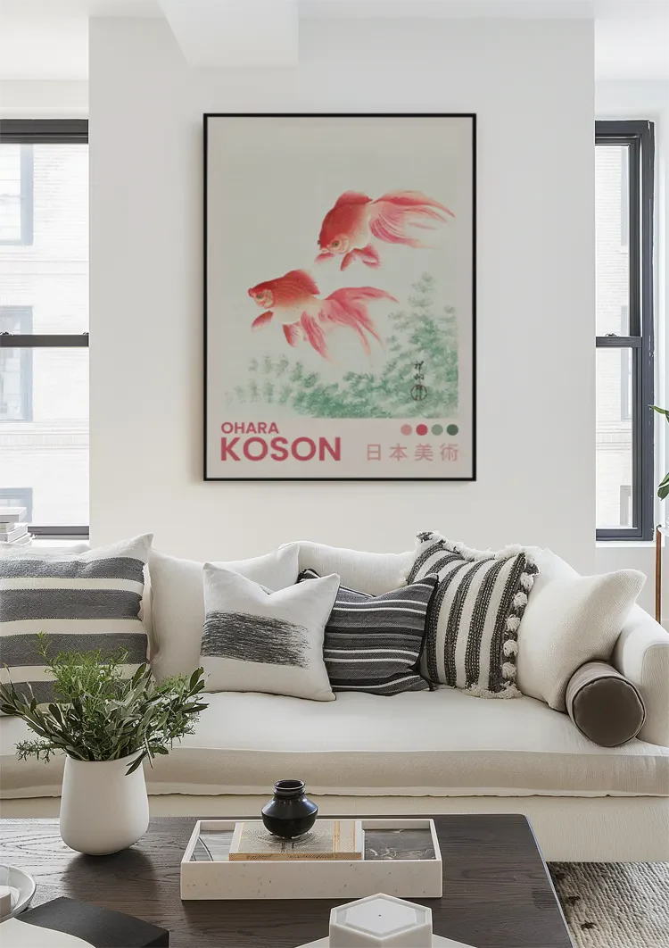 Red Goldfish Swimming Japanese Water Plants Nature Painting