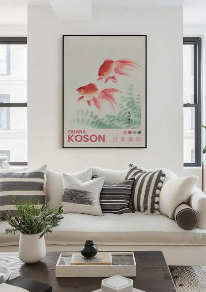 Red Goldfish Swimming Japanese Water Plants Nature Painting