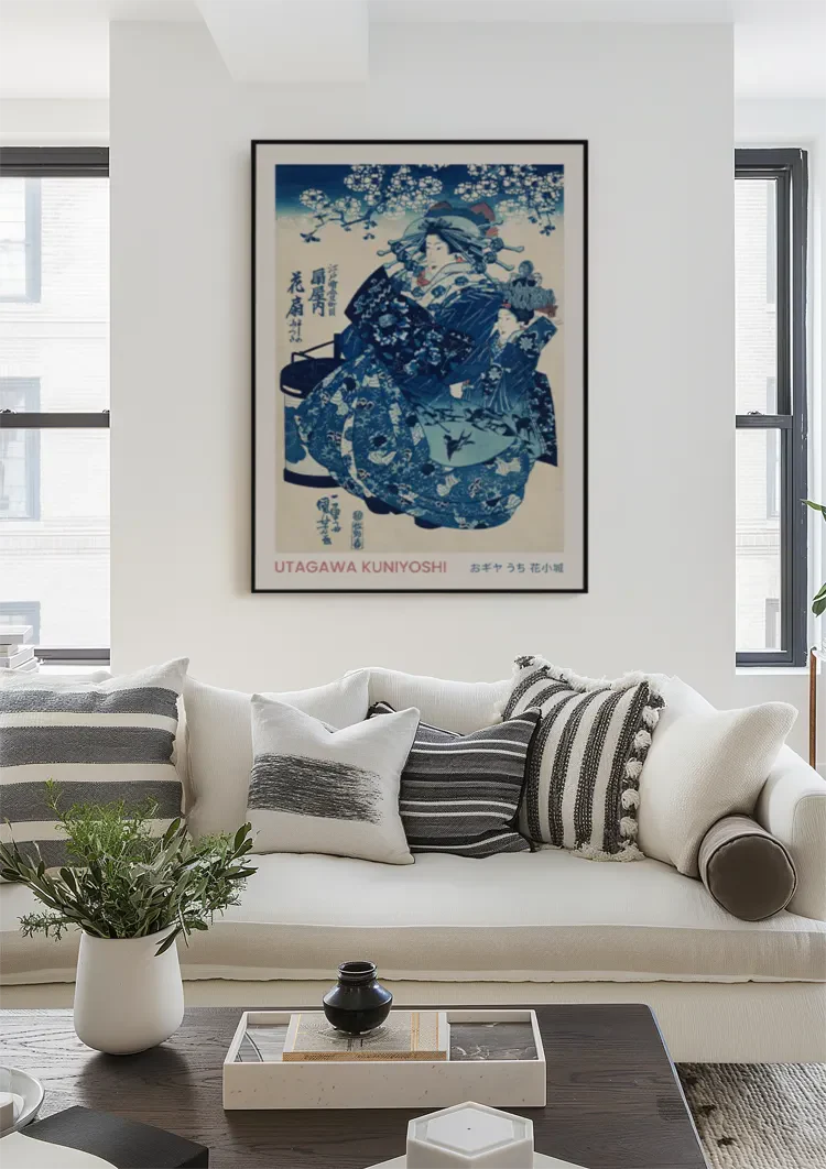 Kuniyoshi Woman Fan Blue Kimono Japanese Woodblock Painting