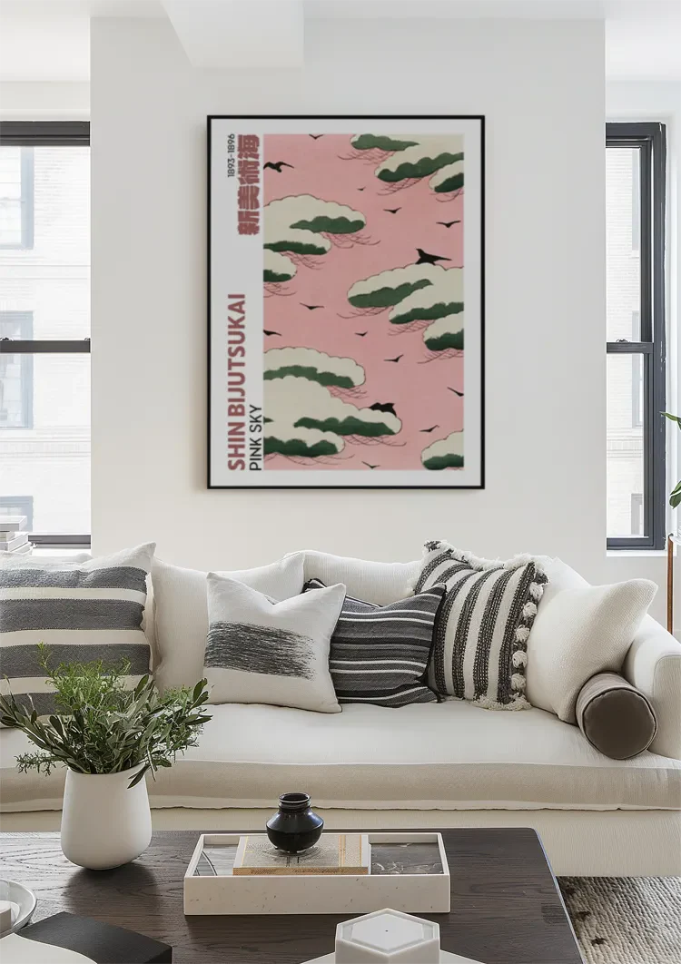 Roze Lucht Groene Wolken Zwarte Vogels Japanse Stijl Schilderij