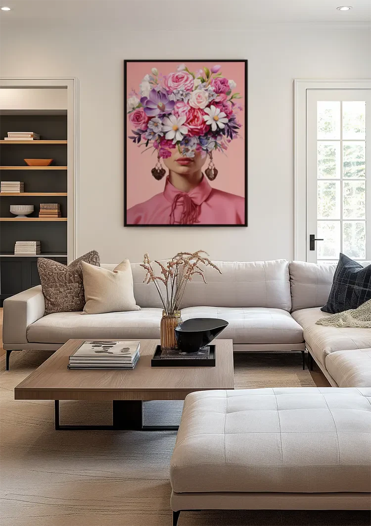 Woman with Pink Flower Bouquet on Pink Background Painting