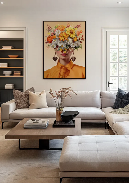 Vrouw Oranje Blouse Kleurrijke Bloemen Hoofd Portret Florale Schilderij