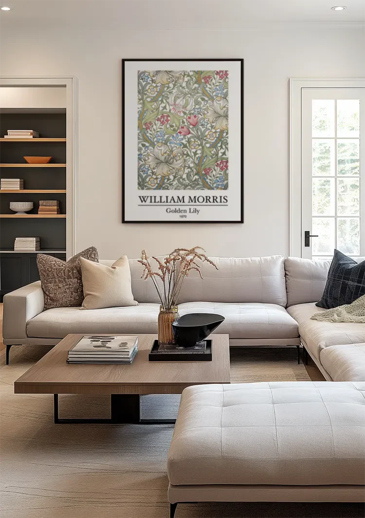 William Morris Gouden Lelie Bloemenpatroon Lichte Achtergrond Schilderij