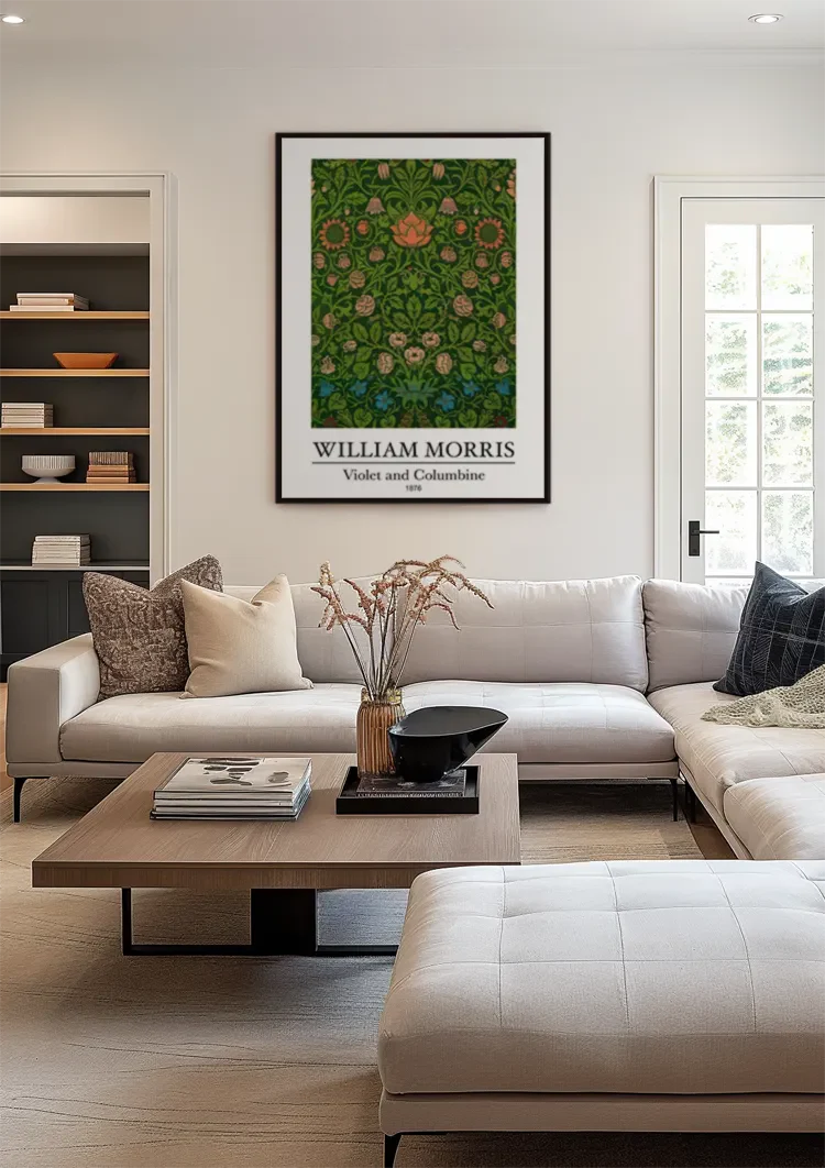 William Morris Veilchen und Akelei Dunkelgrüne Rote Blaue Blumen Gemälde