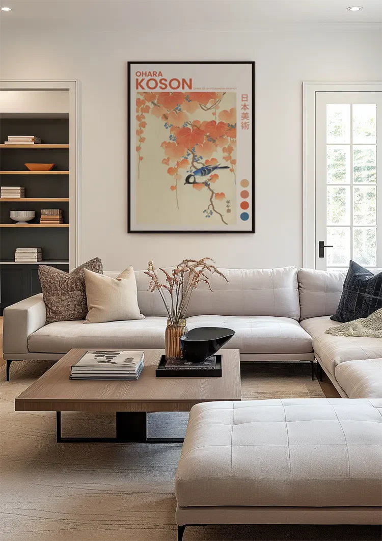 Japanese Tit on Paulownia Branch Orange Autumn Leaves Painting