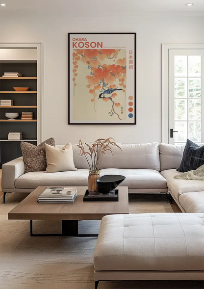 Japanese Tit on Paulownia Branch Orange Autumn Leaves Painting