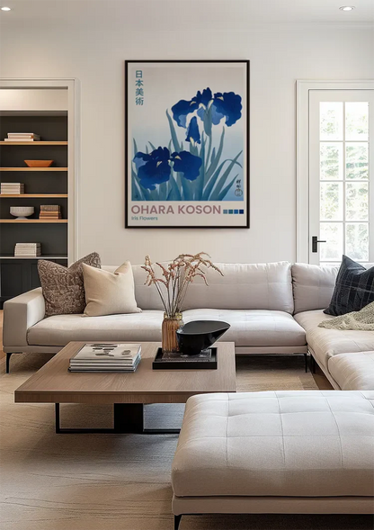 Japanese Iris Flowers Blue Green Leaves Botanical Painting