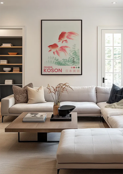 Red Goldfish Swimming Japanese Water Plants Nature Painting