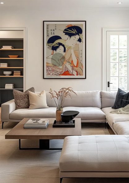 Kitagawa Two Women Kimono Fan Japanese Woodblock Painting