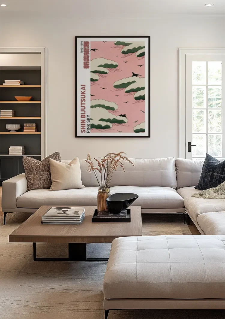 Roze Lucht Groene Wolken Zwarte Vogels Japanse Stijl Schilderij