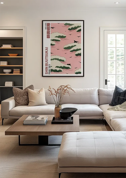 Roze Lucht Groene Wolken Zwarte Vogels Japanse Stijl Schilderij