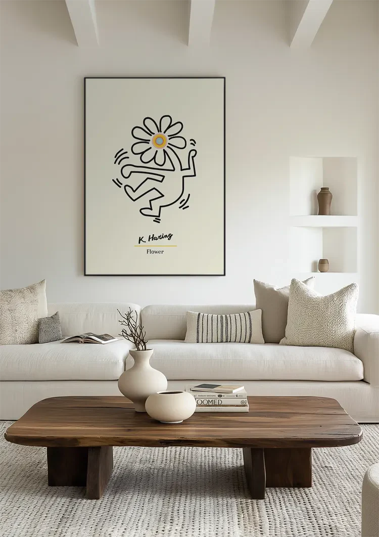 Figur mit Blumenkopf Schwarze Strichzeichnung Minimalistisches Gemälde