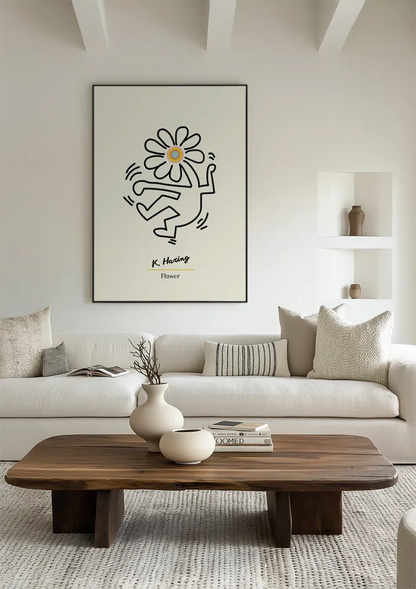 Figur mit Blumenkopf Schwarze Strichzeichnung Minimalistisches Gemälde
