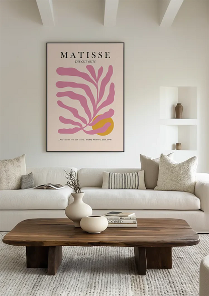 Matisse Rosa Blättermotiv Gelber Kreis Abstrakt Organisches Kunstgemälde