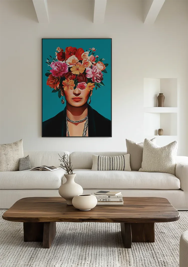 Woman with Colorful Flower Crown on Turquoise Background Painting