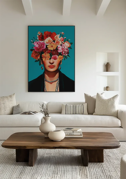 Woman with Colorful Flower Crown on Turquoise Background Painting