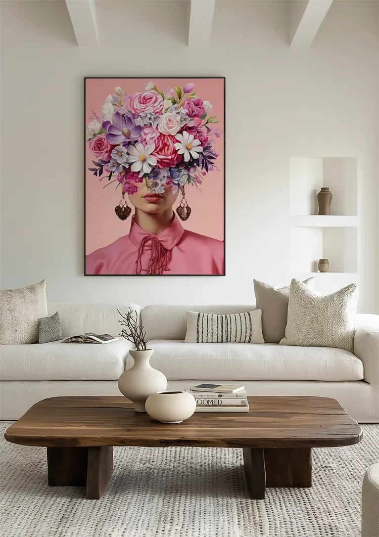 Woman with Pink Flower Bouquet on Pink Background Painting