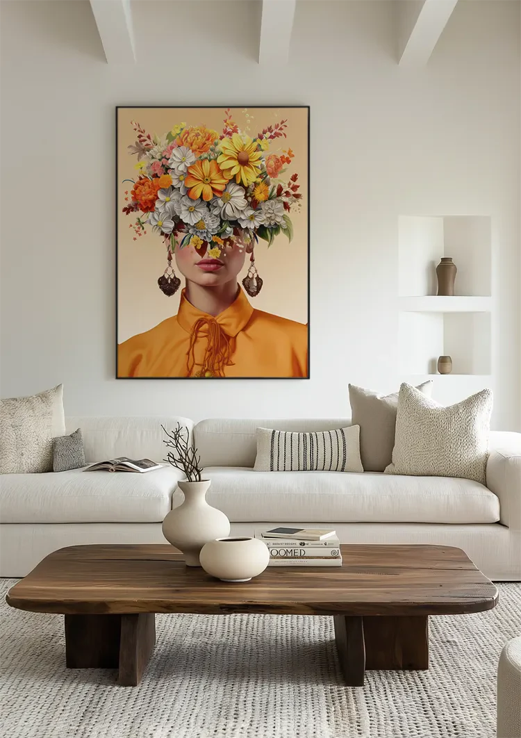 Vrouw Oranje Blouse Kleurrijke Bloemen Hoofd Portret Florale Schilderij