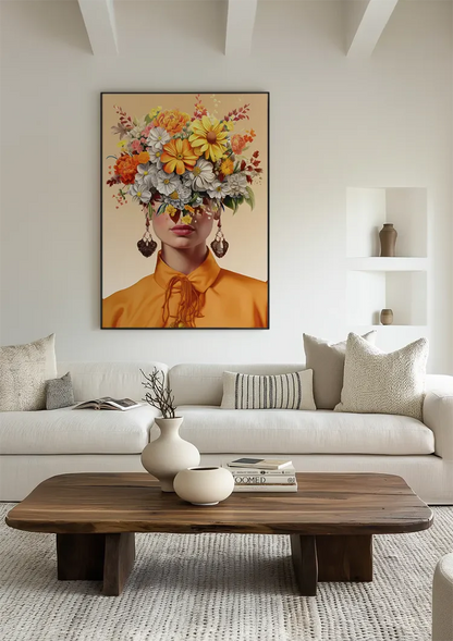 Vrouw Oranje Blouse Kleurrijke Bloemen Hoofd Portret Florale Schilderij