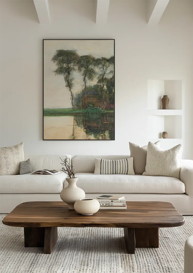 Serene Bomenlandschap met Weerspiegeling in Rustig Water Schilderij