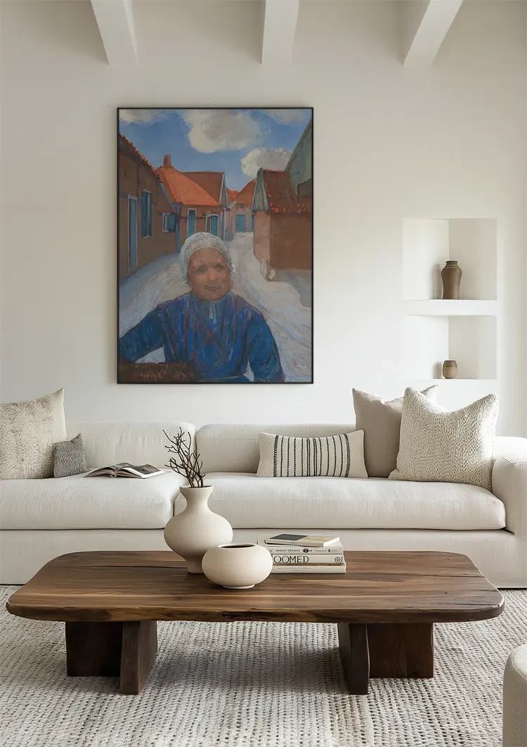 Elderly Woman in Village Street Red Roofs Blue Sky Painting