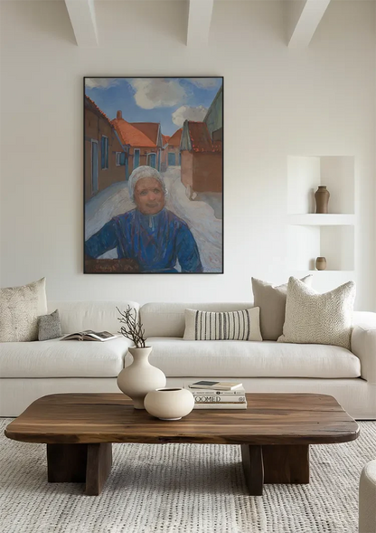 Elderly Woman in Blue Dress in Narrow Village Street Painting