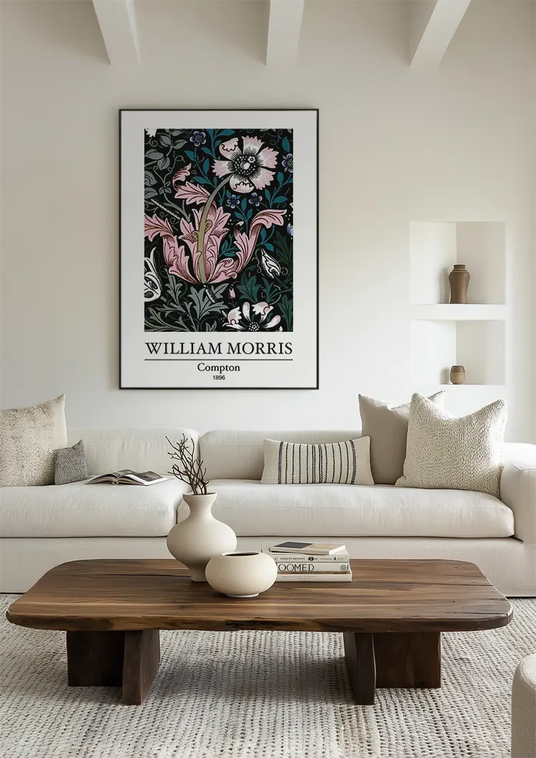 William Morris Compton Pink Flowers Dark Background Painting