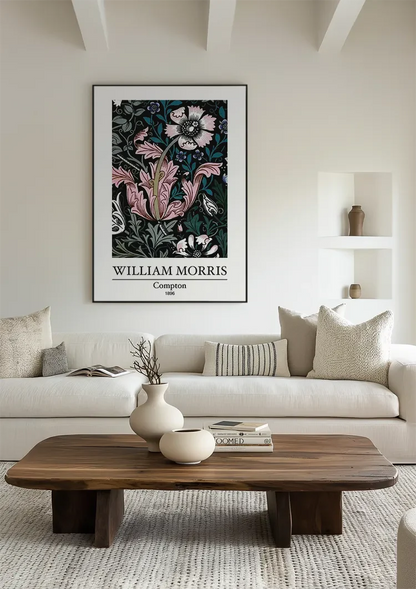 William Morris Compton Pink Flowers Dark Background Painting