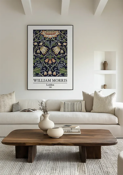 William Morris Lodden Bloemen Donkerblauw Oranje Groen Klassiek Patroon Kunst Schilderij