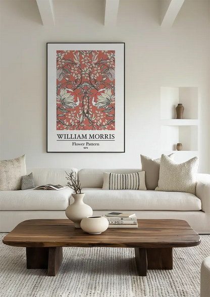 William Morris Blumenmuster, weiße Blumen auf rotem Gemälde