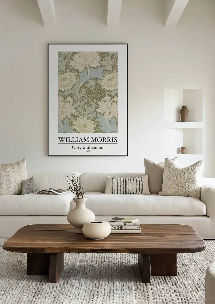 William Morris Chrysanthemum Bloemen Groen Blauw Botanisch Klassiek Kunst Schilderij