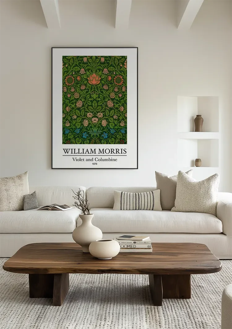 William Morris Veilchen und Akelei Dunkelgrüne Rote Blaue Blumen Gemälde