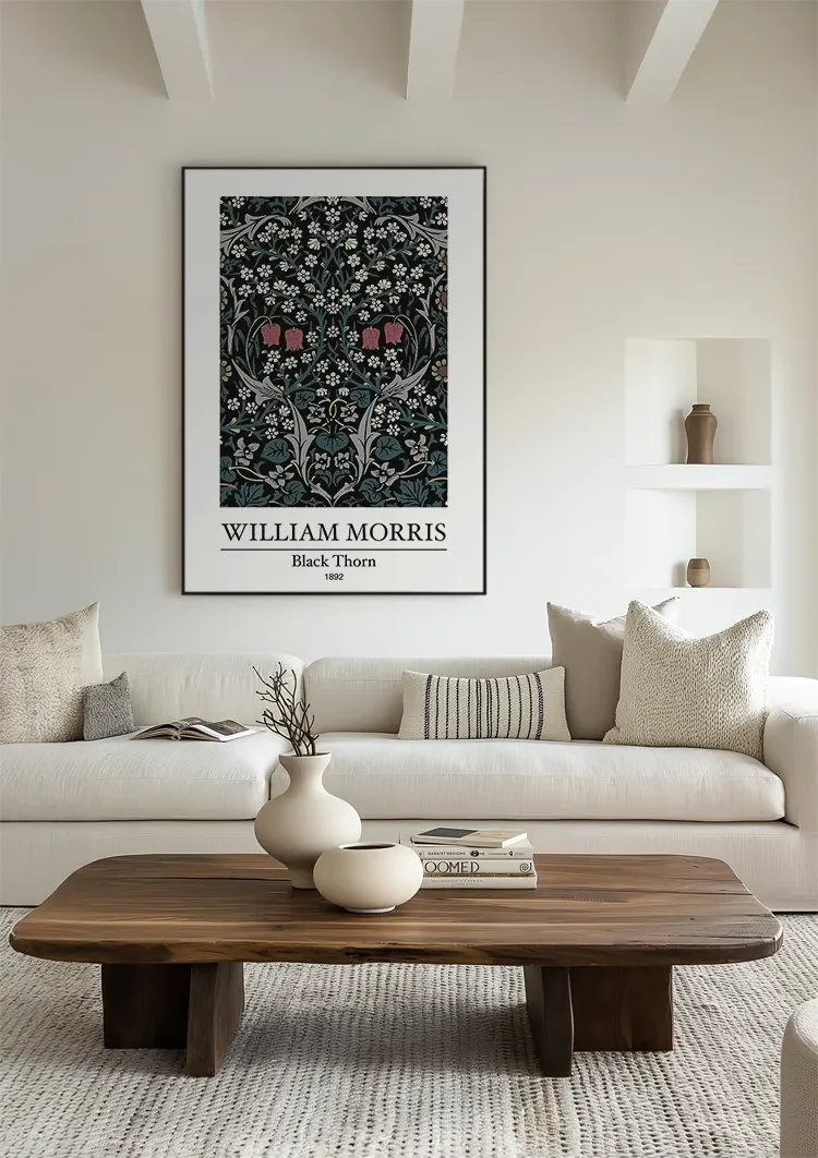 William Morris Black Thorn Dunkelblau Weiße Blumen Rosa Akzente Gemälde