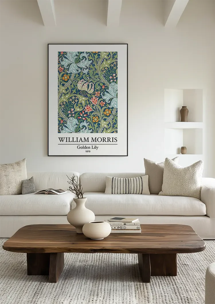 William Morris Golden Lily Blue-Green Colorful Botanical Painting