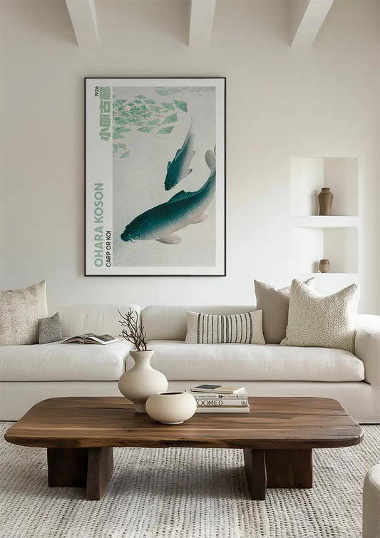 Ohara Koson karper canvas schilderij tussen lotusbladeren in turquoise en wit