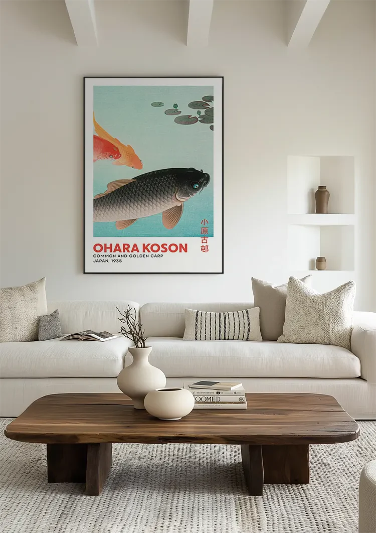 Black and Gold Koi Fish Water Lilies Japanese Vintage Style Painting