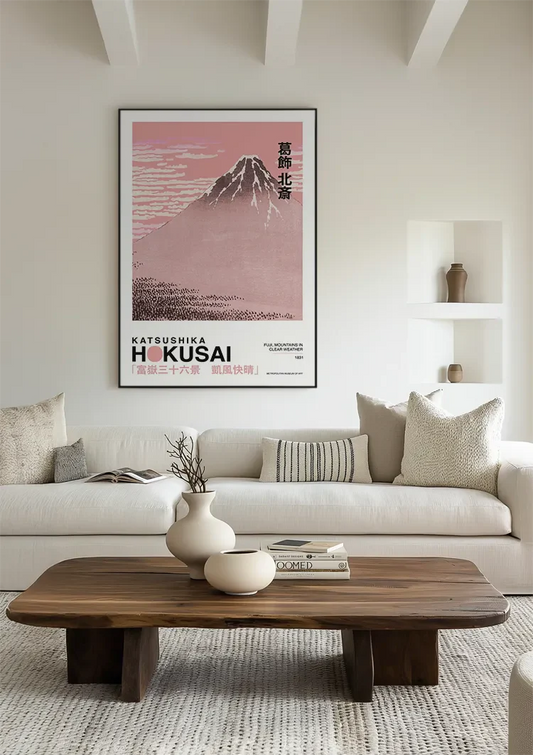 Hokusai fuji canvas schilderij met een roze lucht en Japanse kalligrafietekens