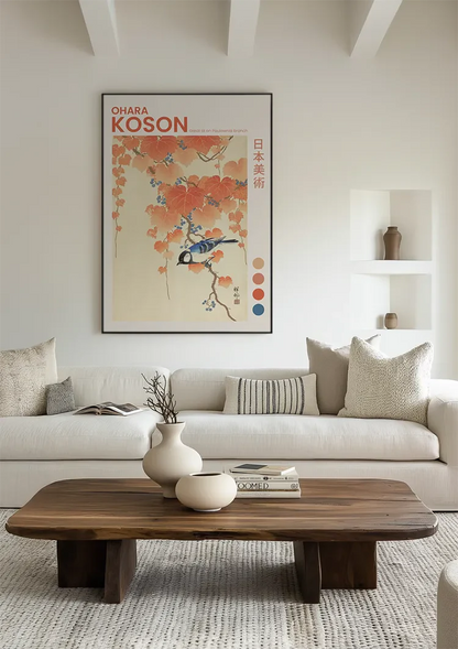 Japanese Tit on Paulownia Branch Orange Autumn Leaves Painting