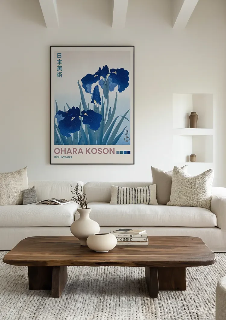 Japanese Iris Flowers Blue Green Leaves Botanical Painting