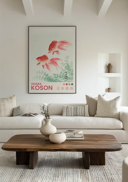 Red Goldfish Swimming Japanese Water Plants Nature Painting