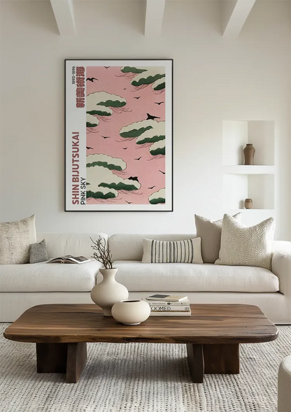 Roze Lucht Groene Wolken Zwarte Vogels Japanse Stijl Schilderij