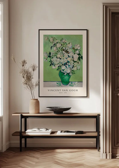 Van Gogh White Roses Green Vase Green Background Painting