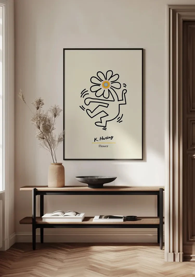 Figur mit Blumenkopf Schwarze Strichzeichnung Minimalistisches Gemälde