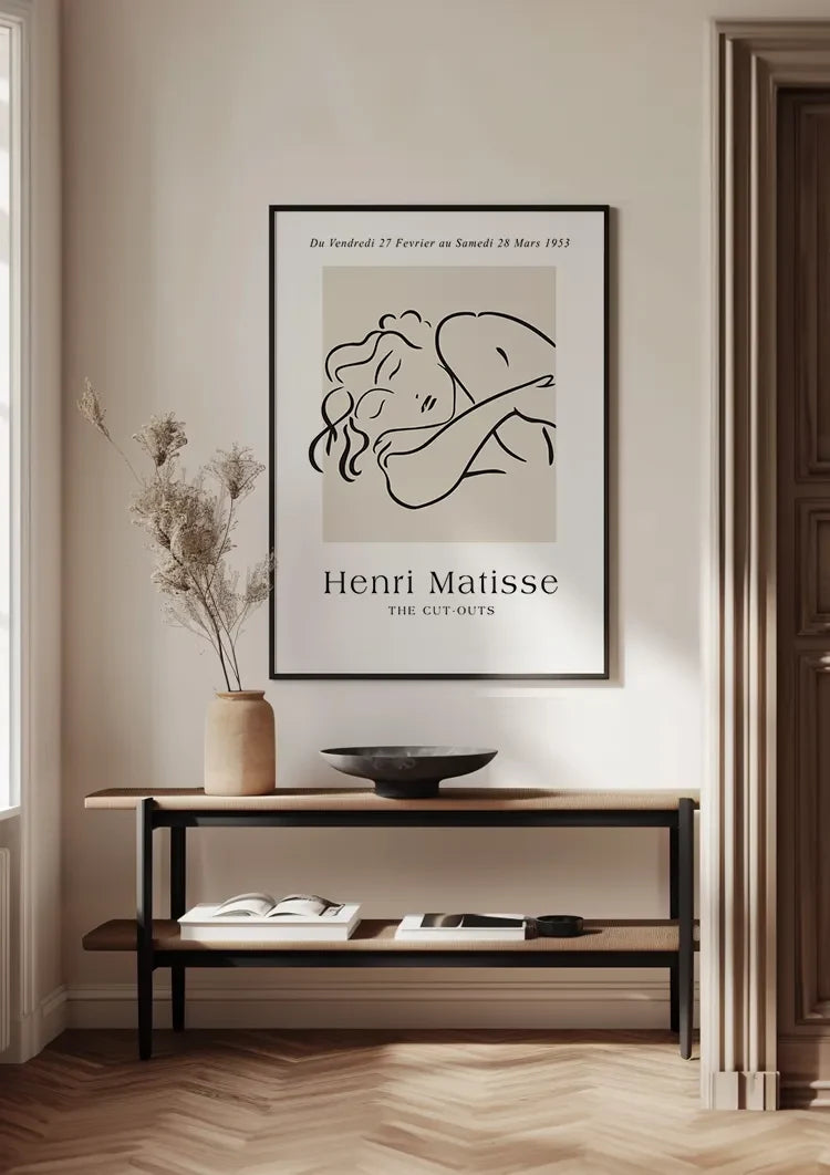 Lying Woman Minimalist Line Art Beige Background Painting